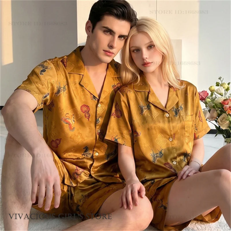 Ice Silk Couple Sleepwear Spring Summer New Men's Short Sleeve Shirt Shorts Pajamas Set Casual Print Horse Homewear Pijamas Suit