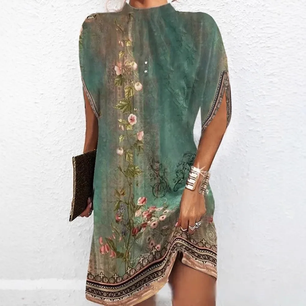 Women's Dress Pullover Geometric Print Dresses Round Neck Short Sleeve A Line Dress Mini Side Slit Floral Print Casual Dress