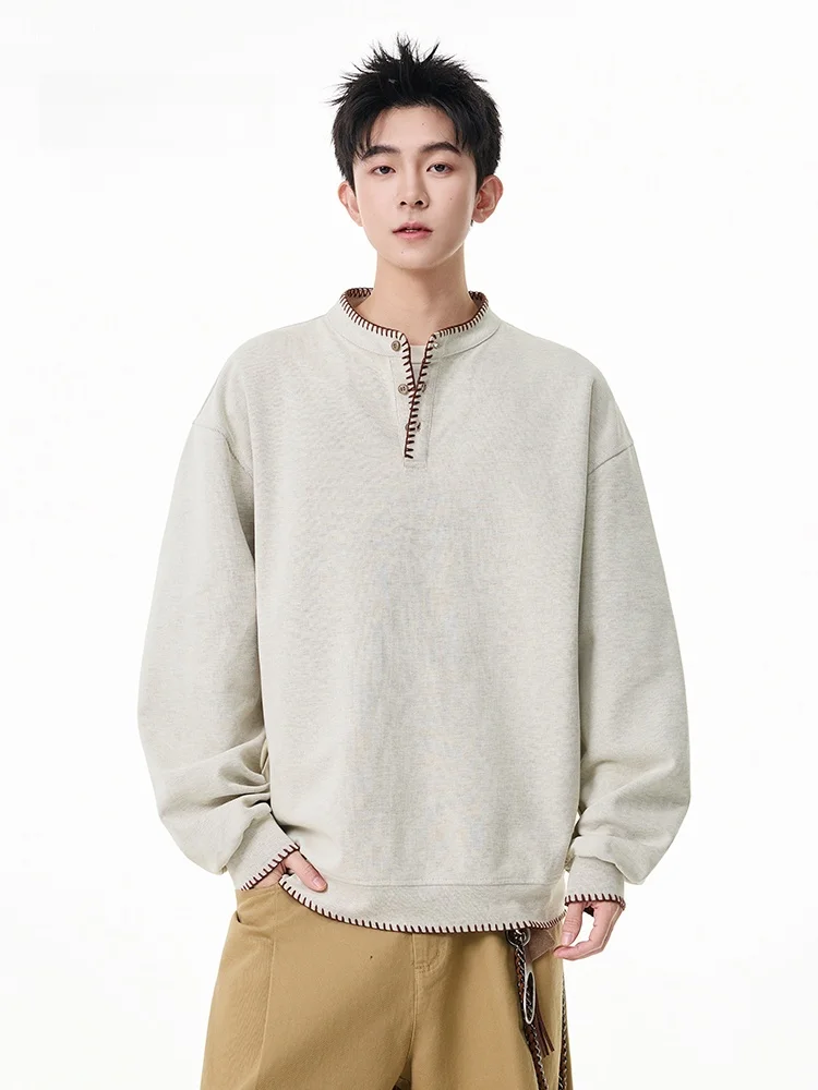 

Loose Casual Men's Sweatirt American Sle Spring Summer New Heavyweight Beige MMOPTOP Polyester Cotton Blend Long Sve