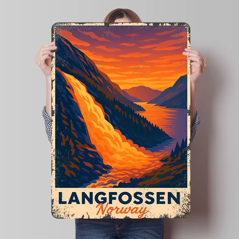 Langfossen Norway Travel Printed Poster Customized Wall Art Retro Vintage Metal Tin Signs for Decoration Living Room Decor Men