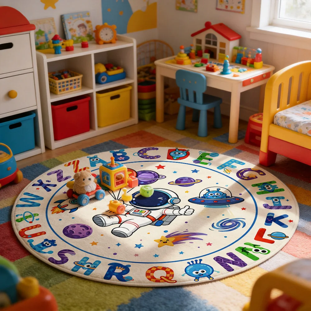 Kids Alphabet Learning Play Mat ABC XYZ Space Planets Astronaut Educational Floor Rug for Toddlers Nursery Gift