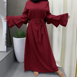 Muslim fashion long dress Arab Dubai trend round neck loose lace-up women's long dress Islamic fashion plus size women's dress