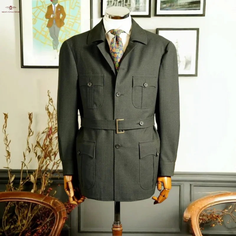 

Men's Classic Herringbone Tweed Hunting Jackets Blazer Three Buttons Sport Coats Wool Blend Coat with Four Pockets