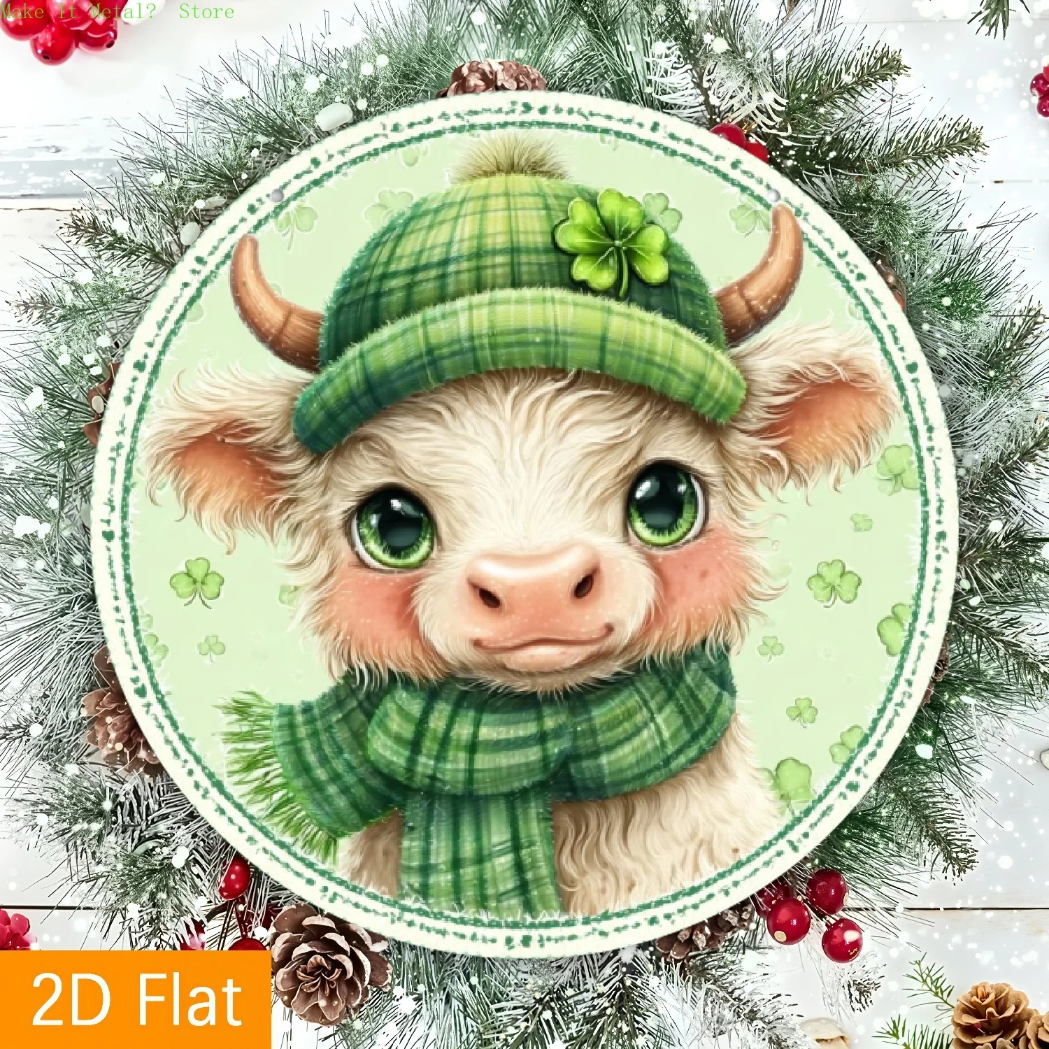 2D Flaches Niedliches Hochland-Rind mit Kleeblatt-Hut Rundes Blechschild St. Patrick's Day Metall-Wandkunst für Irische Dekoration, Farmhaus-Akzent