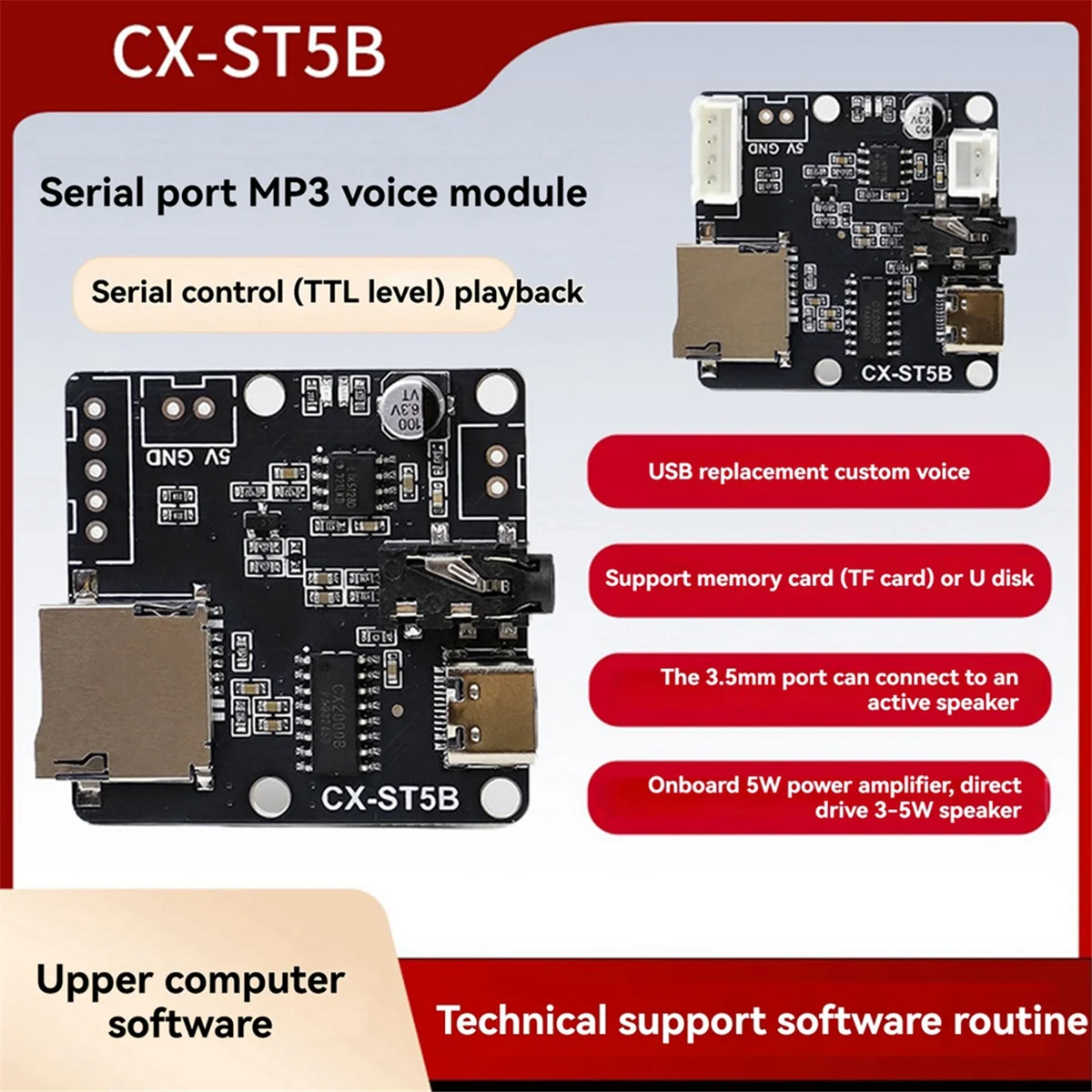 CCDD CX-ST5B พอร์ตอนุกรม MP3 ชิปเสียงโมดูล Voice Broadcast โมดูลเสียงที่กําหนดเองชิปตัวเดียวควบคุมทริกเกอร์ชุดเสียง