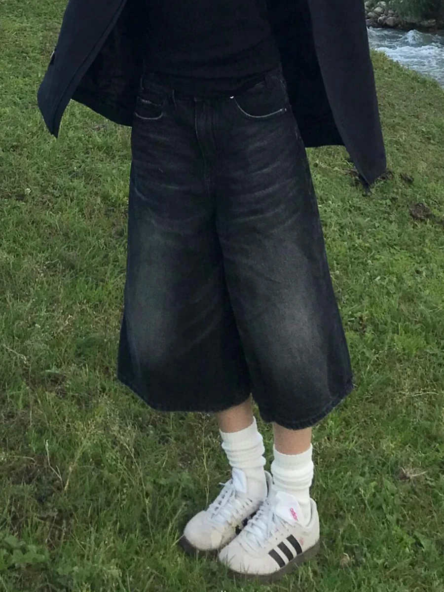 PBAP Do النساء المسنات واسعة الساق الدنيم السراويل كبيرة الحجم منخفضة الخصر الأسود غسلها المتوترة شعيرات فضفاض الجينز الجورت ملابس خمر غير رسمية #2