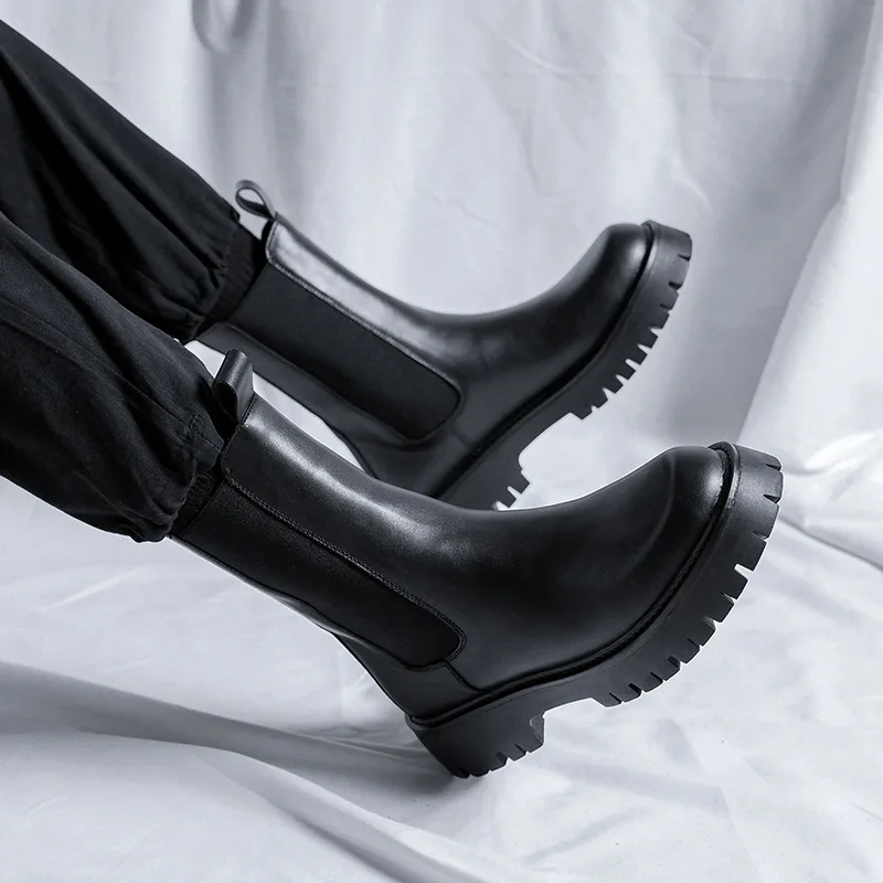 England style mens boots black tide soft leather platform shoes stage nightclub dress high boot handsome chelsea long botas mans