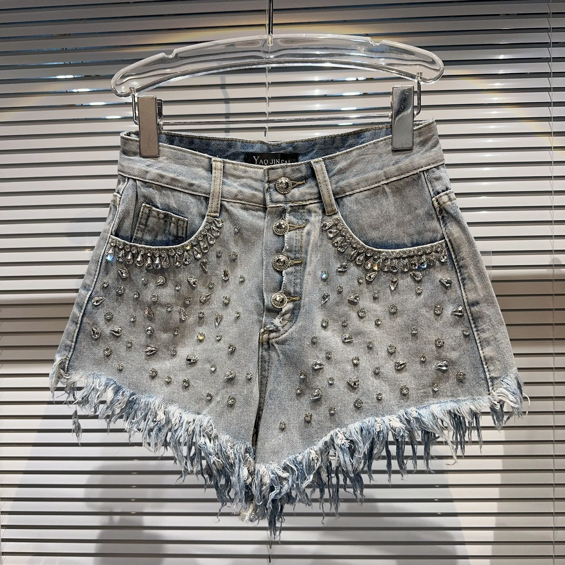 Ripped Wide-Leg Denim Shorts Women's 2024 Summer New High Waist Exquisite Rhinestone Hot Pants Ladies Streetwear Jean Shorts