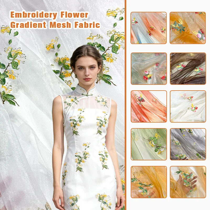 100x150cm Blumenstickerei-Material Farbverlauf Sanfter Chiffon-Stoff Transparenter Hanfu-Stoff Nähen DIY Kleid Bühnenbekleidung Neu – Detail 2