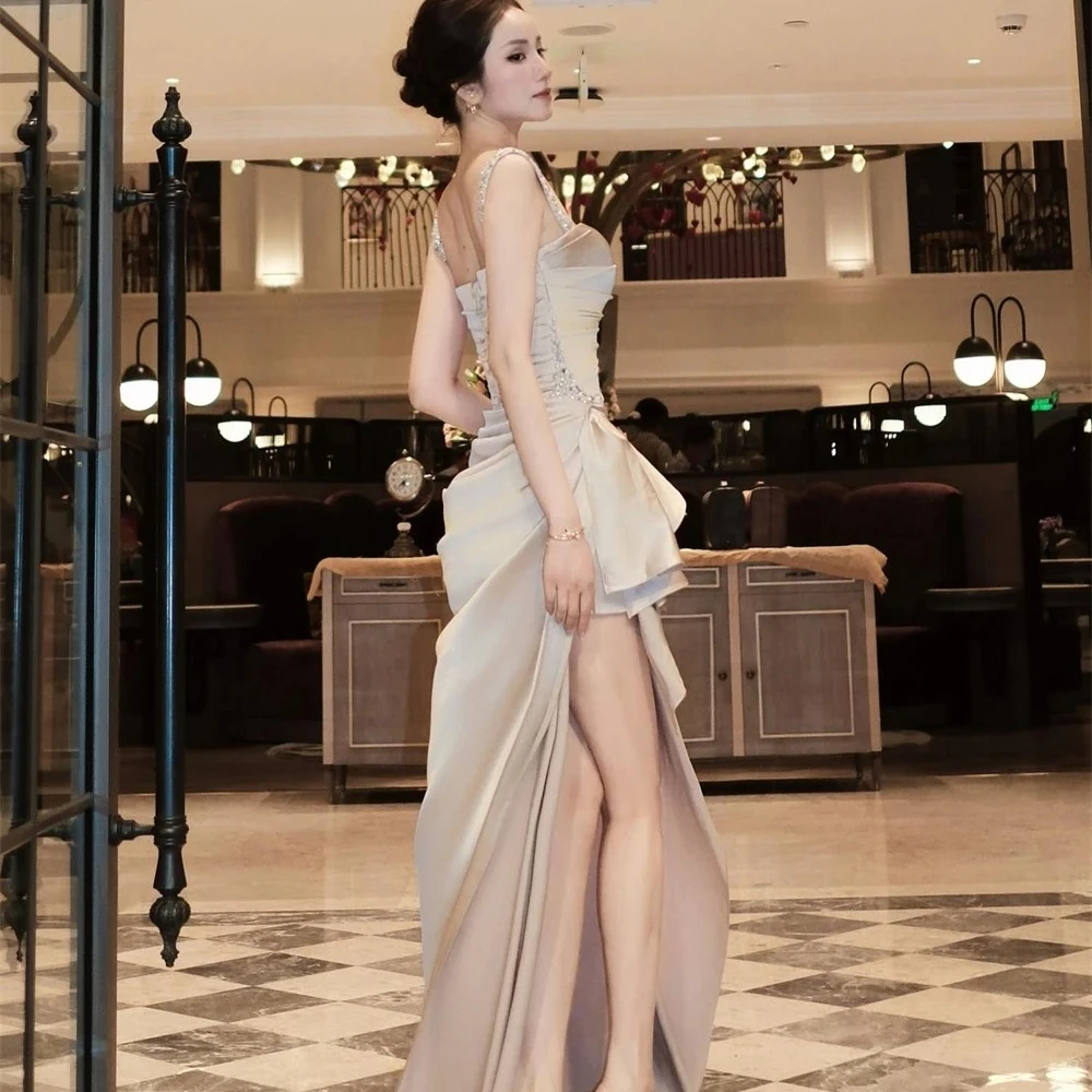 Customized Exquisite Satin Evening Dress Delicate Square Collar Spaghetti Straps Sleeveless Party Dress Fashion Celebrity Gowns