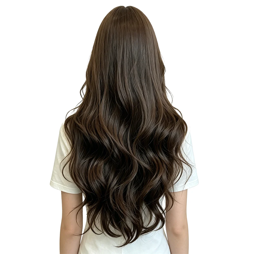 Long Wavy Wig With Bangs Dark Ash Brown Natural Looking Fluffy Layered Synthetic Hair For Women Heat Resistant Daily Party Wear