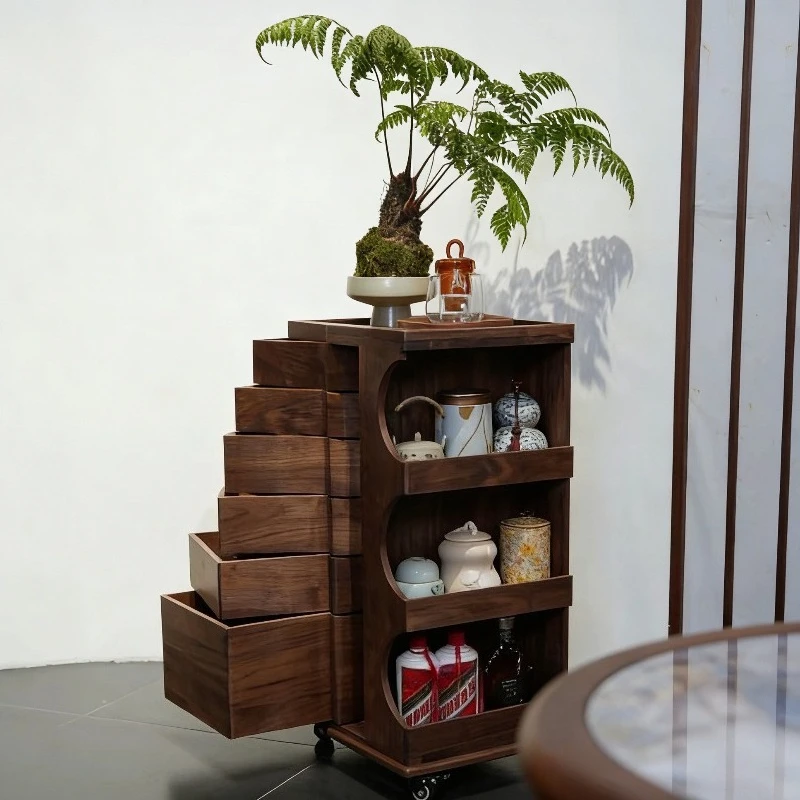 North American Black Walnut Solid Wood Wheeled Mobile Multifunctional Rotary Drawer Storage Cabinet, Storage Cabinet