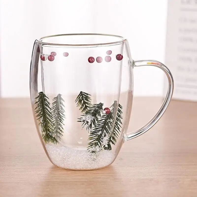 L9BE Dried Flower Double Wall Glass Water Cup Portable Coffee Drinking Mug with Handle Decorative Transparent Milk Drinkware