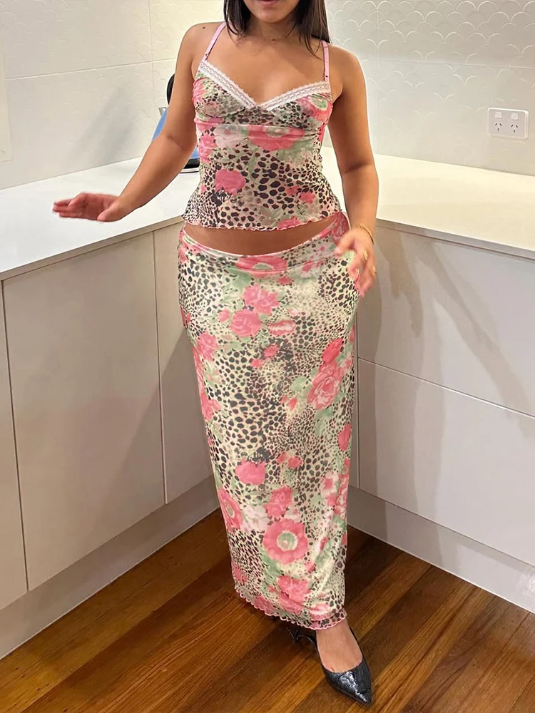 Sisterlinda المرقعة تقليم 2 قطعة مجموعة الصيف عطلة وتتسابق جذابة طباعة منخفضة الرقبة كاميس + مباراة ماكسي التنانير Mujer Y2K الدعاوى