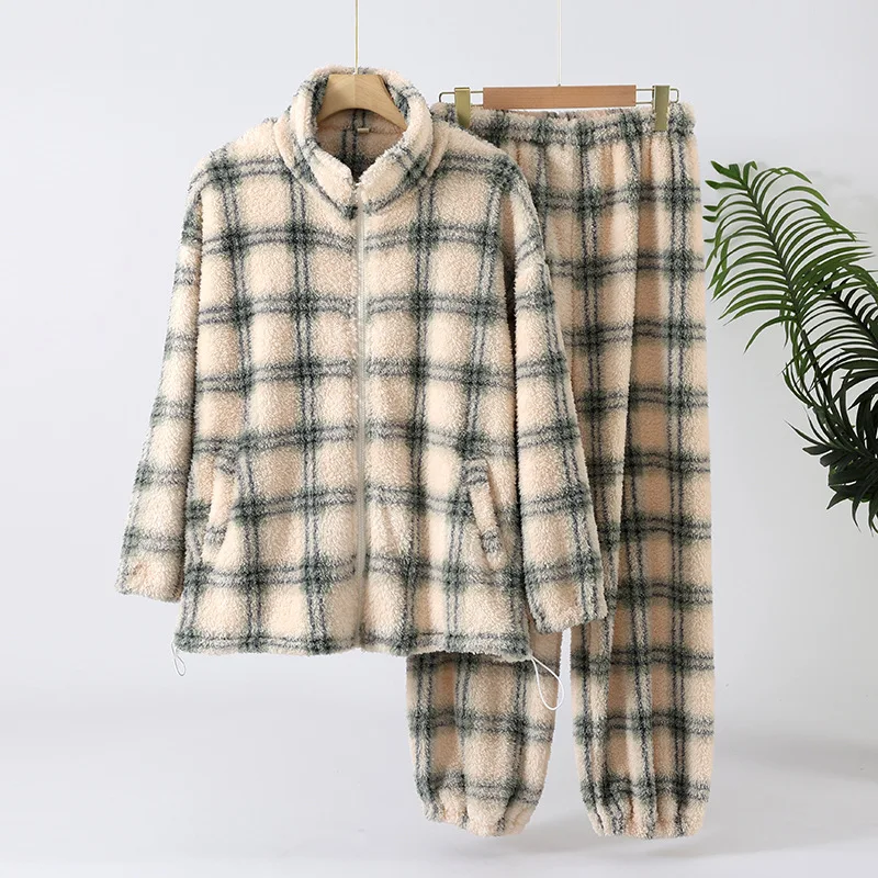 Winter Warm Flannel Plaid Zipper Sleepwear Pajamas Woman Nightwear Pyjama Set Two Piece Home Wear Thicken Women's Home Suit