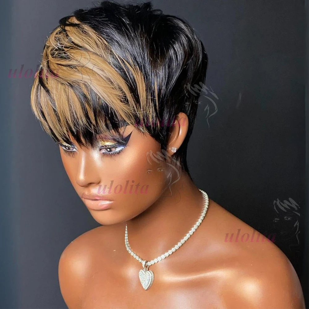 Kurze Echthaarperücke, vollständig maschinell gefertigte Perücke, gerade Pixie-Cut-Perücke aus Echthaar für Frauen, kurze Bob-Perücken mit Pony, Haarschnitt-Perücken – Detail 2
