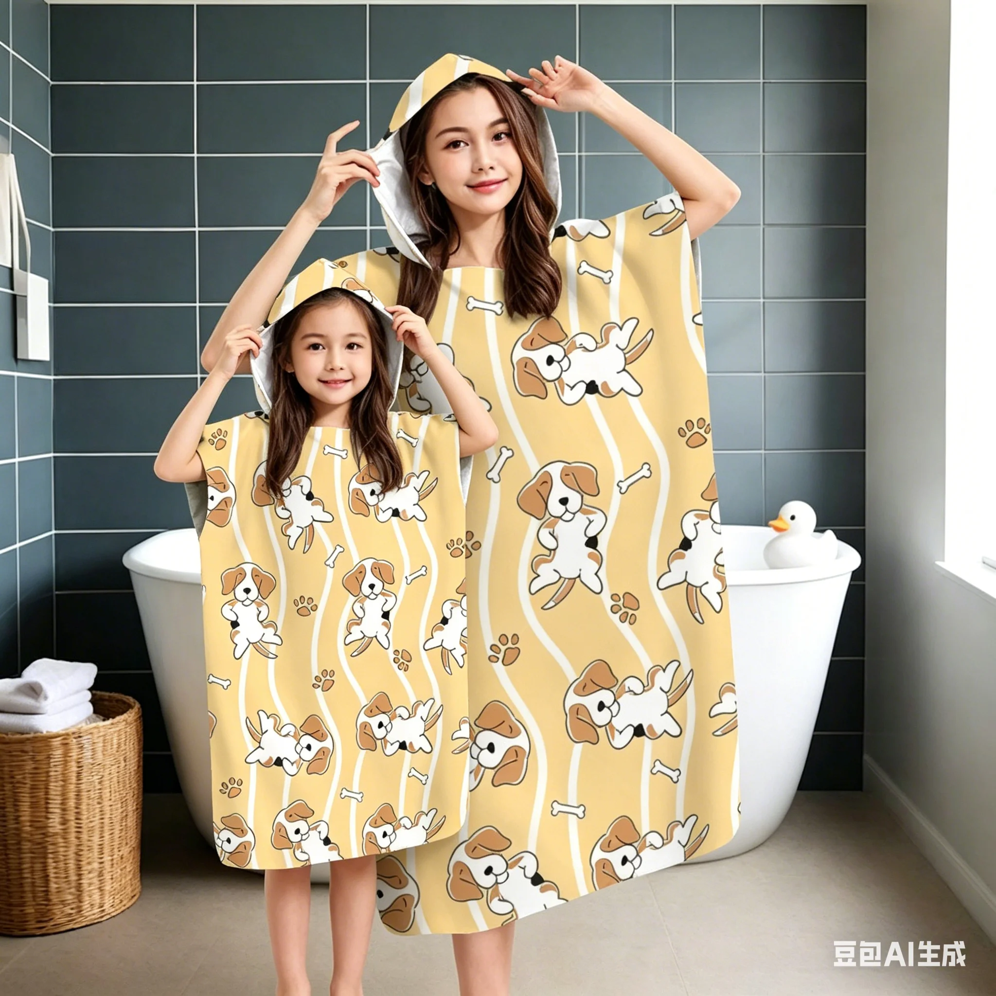 Parent-Child Cute Dog Hooded Bathrobe, Quick Dry Microfiber Beach Towel Poncho for Kids & Adults