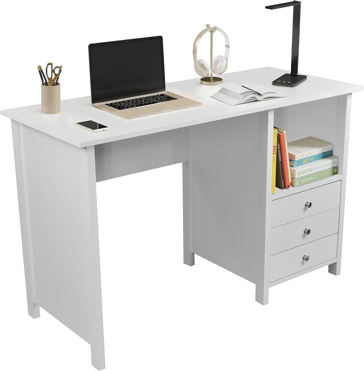 

Techni Mobili White Desk with Drawers - Small Office Desk with 3 Cabinet Drawers, Open Shelf, & Laminated Wooden Panels Office