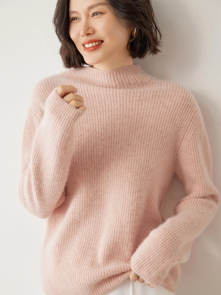 Suéter de cachemira de 100% de alta calidad para mujer, prendas de punto clásicas sólidas para otoño e invierno, jersey con cuello simulado para oficina, Tops para mujer