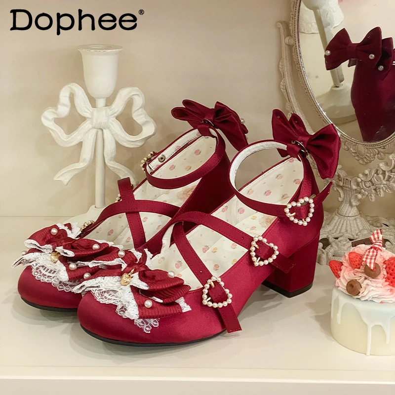 

Sweet Princess Birthday Party Red Mid-Heel Pumps New Autumm Japanese Girls Sweet Cute Bow Sweet Elegant Lo Mary Jane Shoes