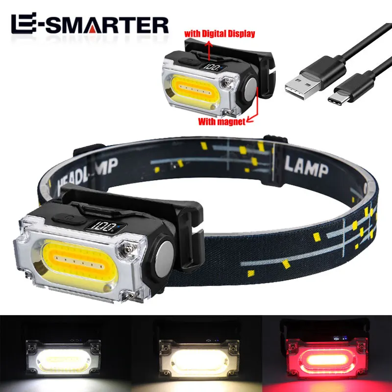 Lightweight Outdoor Work Headlight Magnetic Hat Clip Lamp 6 Lighting Modes Hiking Camping Fishing Headlamp with Digital Display