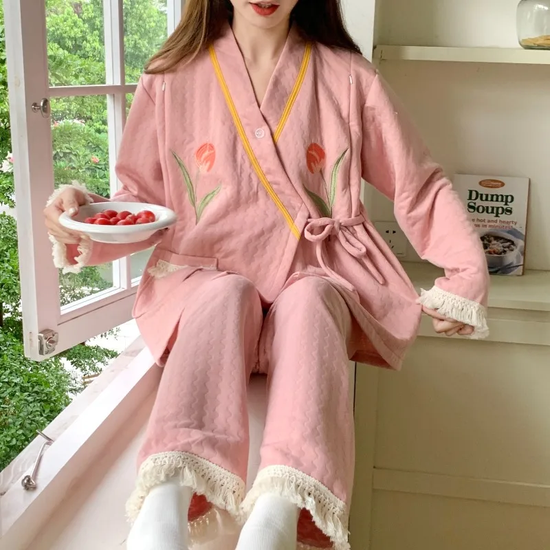 

2023 Autumn Winter Air Cotton Nursing Cloth Sleepwear Pure Cotton Thick Pajama Postpartum Breastfeeding Maternity Loungewear Set