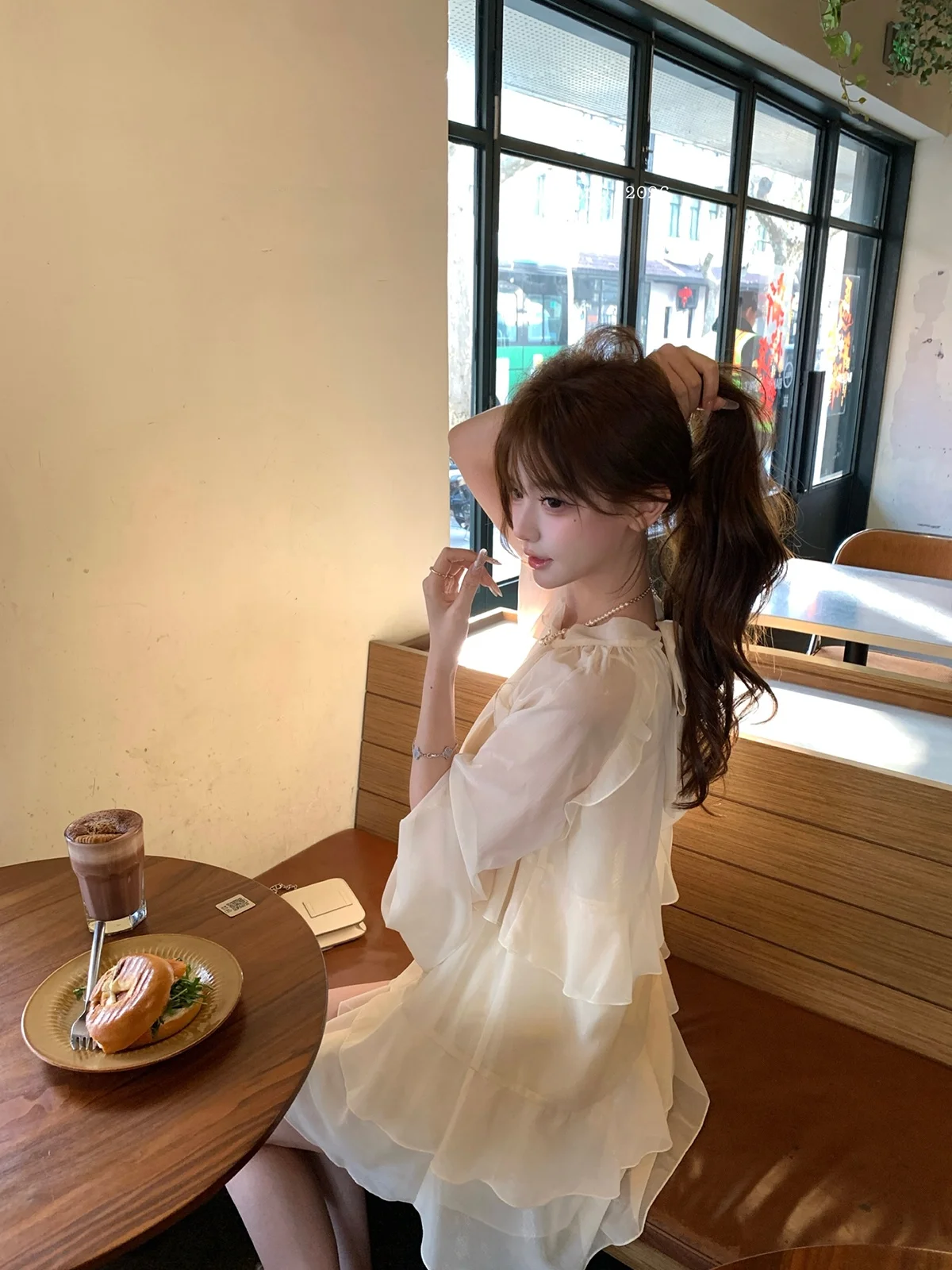 

ThePeachOfficial French Sle Chiffon Dr with Bowknot And Lace Long Sve Loose Fit Casual Wear for Women