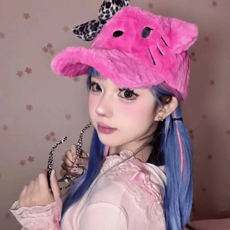 Cute Hello Kitty Black Pink Leopard Print Bow Plush Baseball Cap Abby Sweet Cool Y2k 53-60cm Adjustable Warm Hat New Fall Winter