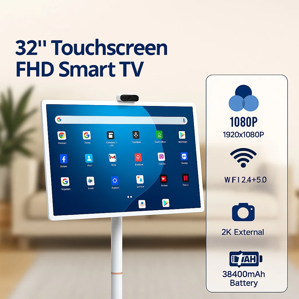 

Smart TV 32 Inch Android 15 8G+128G, Floor Stand TV with Remote Controller, 2K Camera Video Call, Inbuit 148WH Battery Power