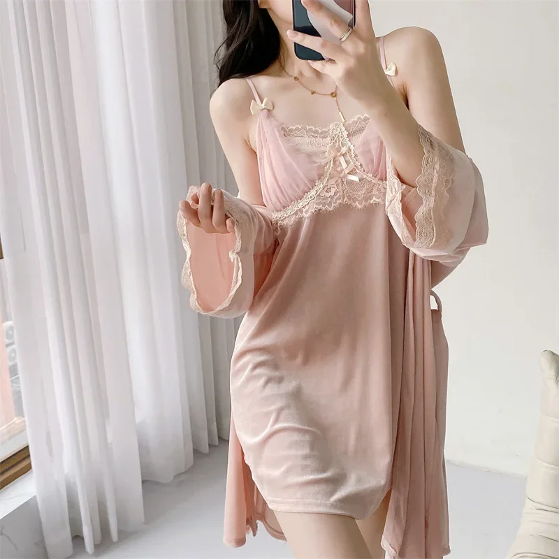 Autumn Velvet Female Sleepwear Lounge Wear Sexy Pink 2PCS Robe Set Suspender Nightgown Lingerie Lace Nightdress Home Clothes