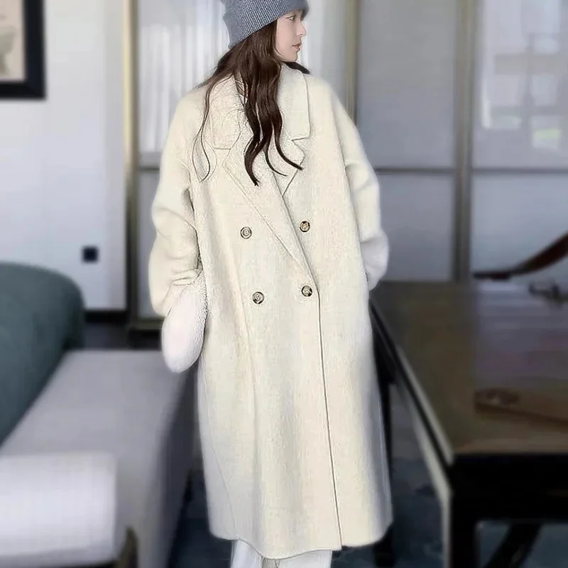 

Korea Double Sided Woolen Coat Jacket Women Autumn Winter Cotton Shaped Coat Y2K Beige Button Medium Length Woolen Loose Top New