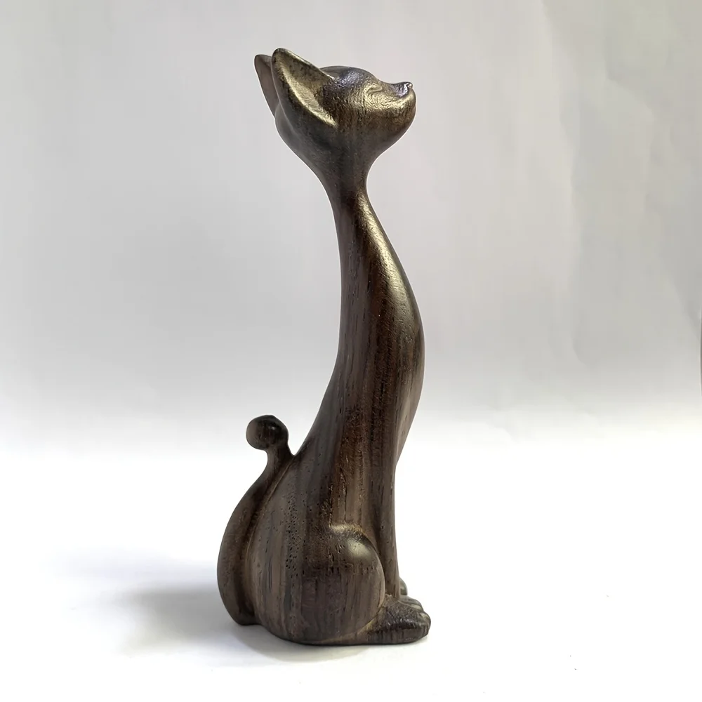 Simple and elegant wood-carved cute cat ornament, Nordic-style entrance decoration, natural texture desktop display, sitting pose sculpture, modern home craft