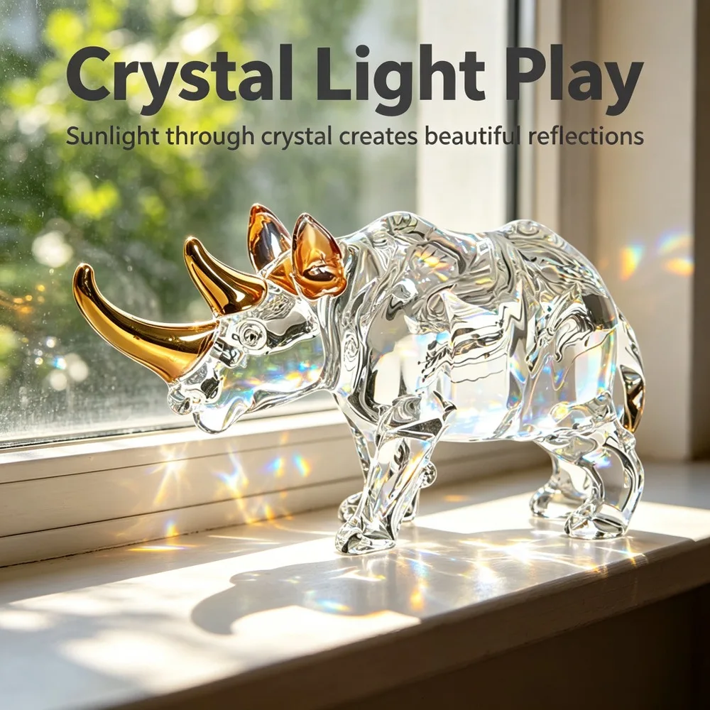 Transparent Crystal Rhinoceros Statue Desk Decoration Golden Horned Rhino Sculpture Minimalism Animal Room Aesthetics Decor Gift