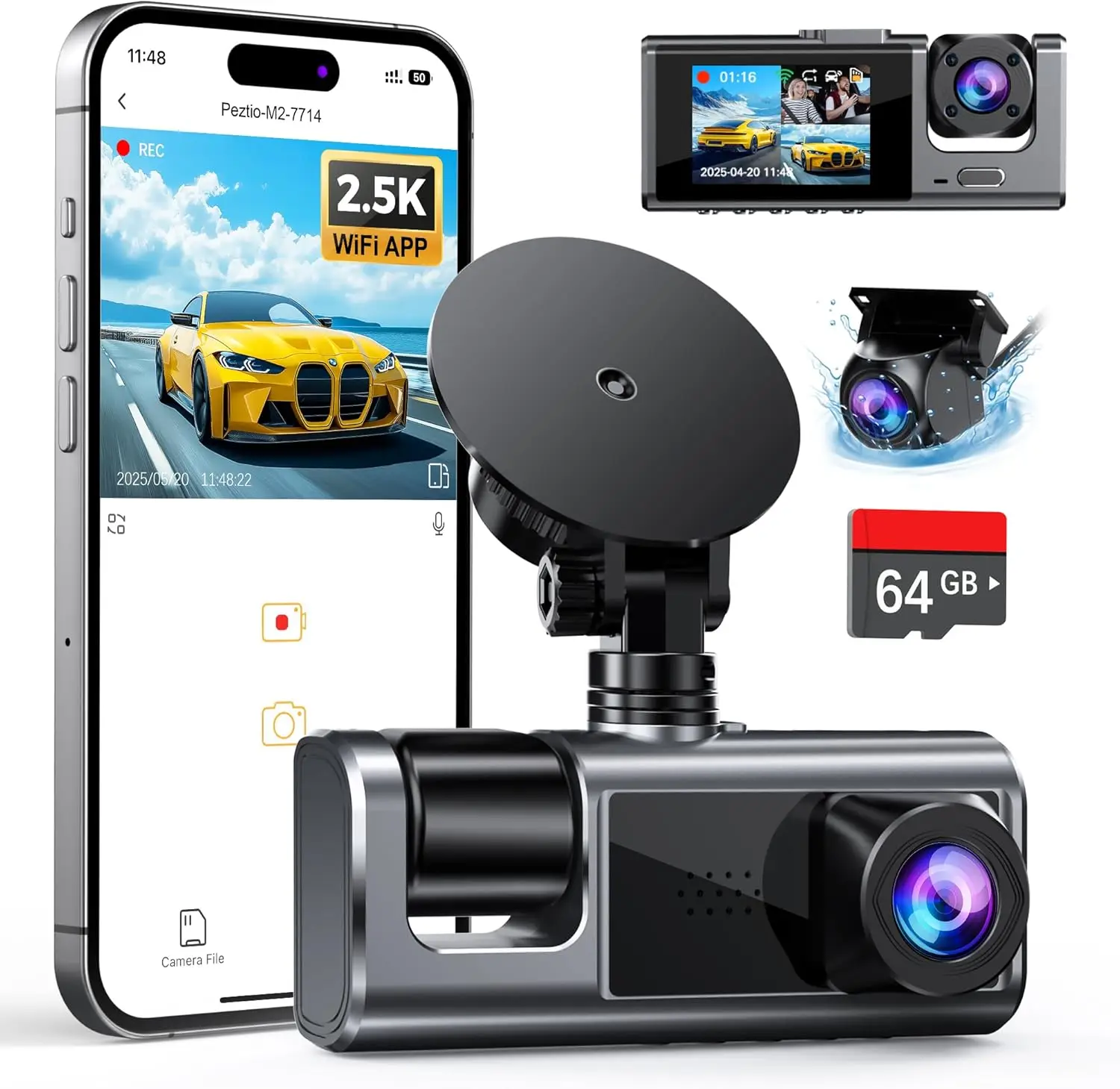 

3 Channel WiFi Dash Cam Front and Rear Inside with 64GB SD Card,