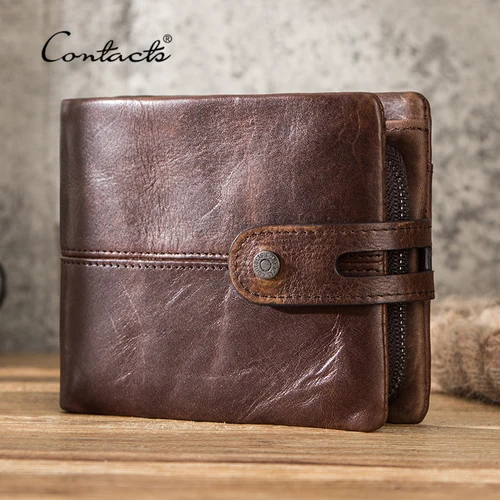 CONTACT'S, billeteras informales para hombre, monedero corto de cuero Crazy Horse, billetera con diseño de cerrojo, carteras de mano de cuero de vaca, Carteiras masculinas
