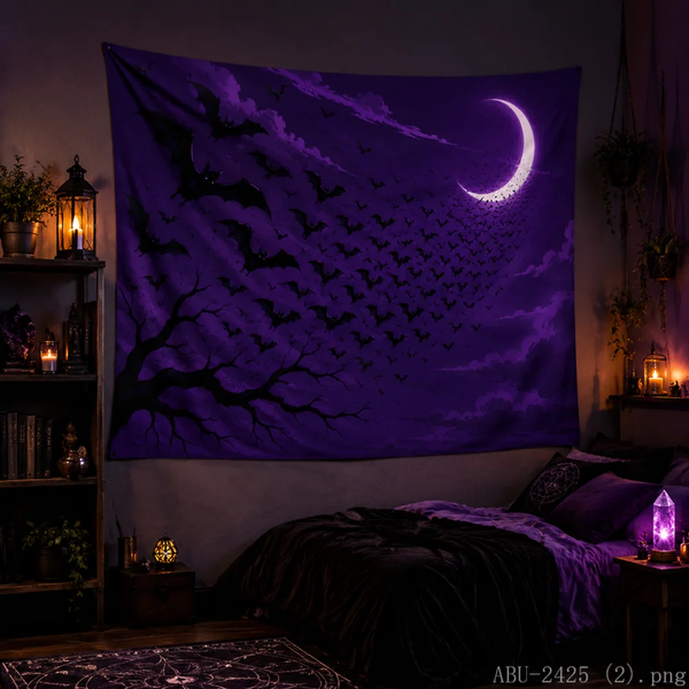 VIKAMA Gothic Halloween Tapestry Giant Moon Bats Eerie Night Creepy Tree Decor