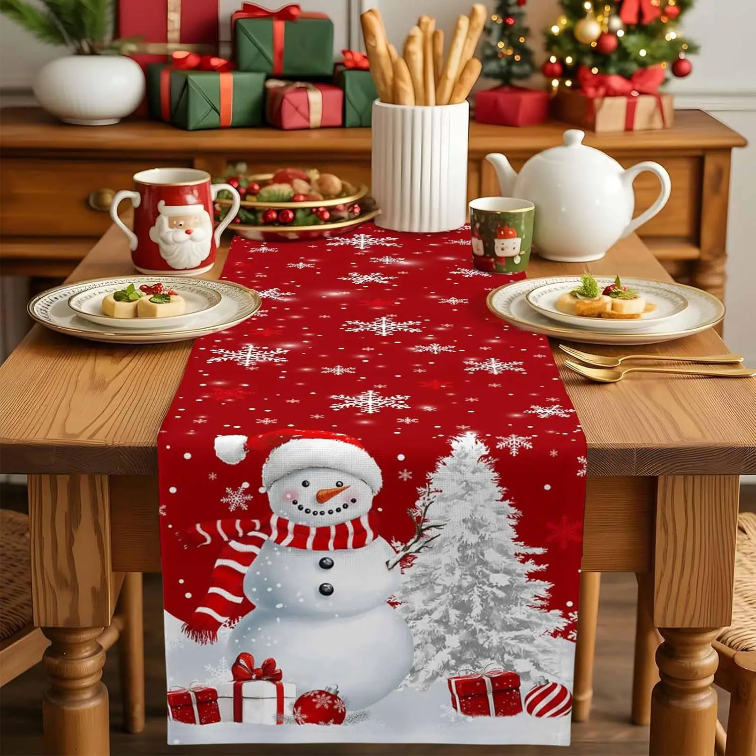 عيد الميلاد ثلج شجرة عيد الميلاد الكتان الجدول عداء ديكور الحفلات قابلة لإعادة الاستخدام الشتاء الثلج طاولة طعام العدائين زينة عيد الميلاد #6
