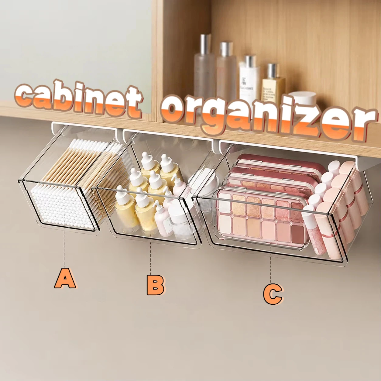 2Pcs/4Pcs Clear Under Shelf Hanging Baskets, Self-Adhesive PET+ABS Storage Bin for Bathroom Mirror Cabinet Cosmetic