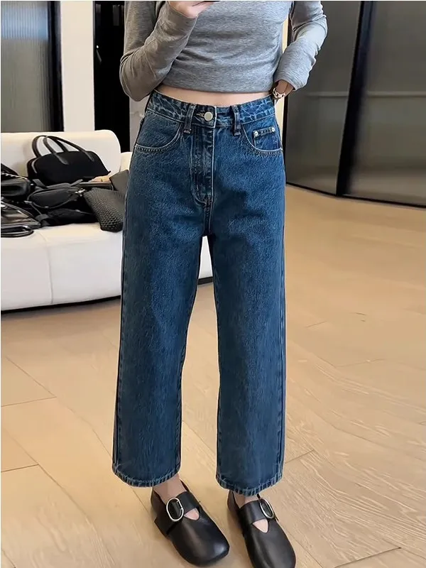 Retro perna reta denim jeans feminino primavera tamanho grande solto carne escondendo nove pontos calças de cintura alta jeans casuais