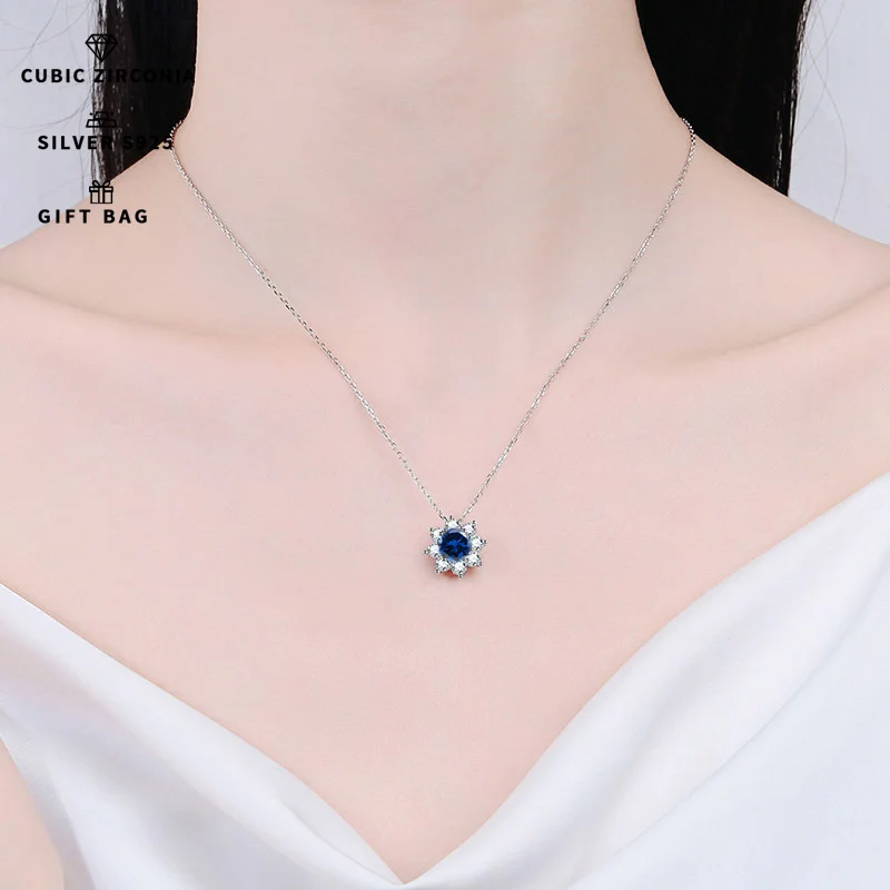 Colgante de girasol de circonita azul tanzanita chapada en platino de plata S925 con incrustaciones, hermoso collar de cadena de clavícula, regalos para mujer