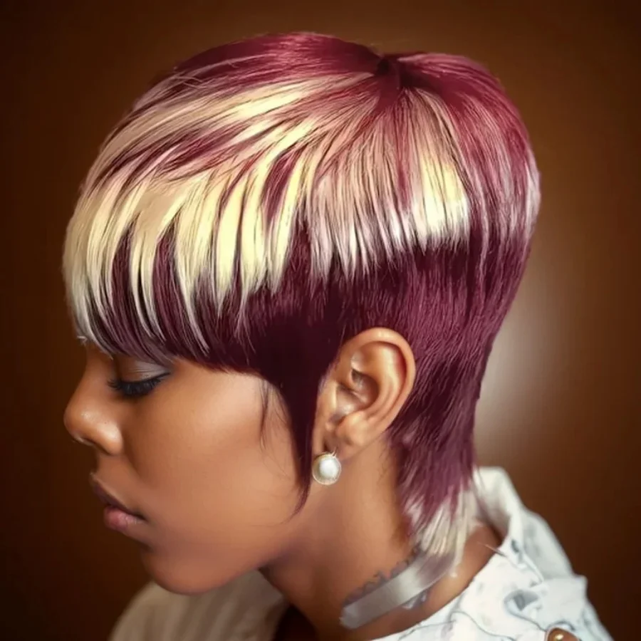 

pixie cut short straight layered human hair wigs 6inch 613-red/99j color machine made wig pixie wig 150% density remy hair