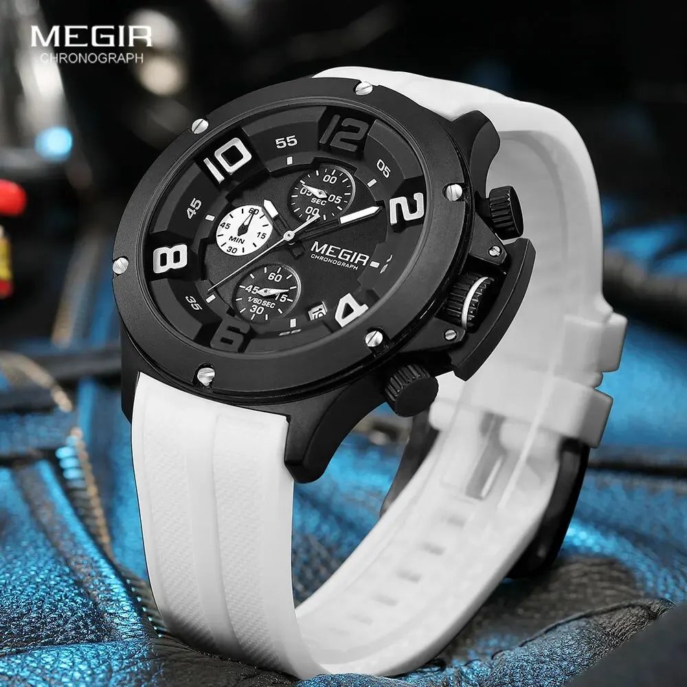 MEGIR Big Dial Sport Quartz Watch for Men Fashion Waterproof Chronograph Wristwatch with Date Silicone Strap Luminous Hands 8115