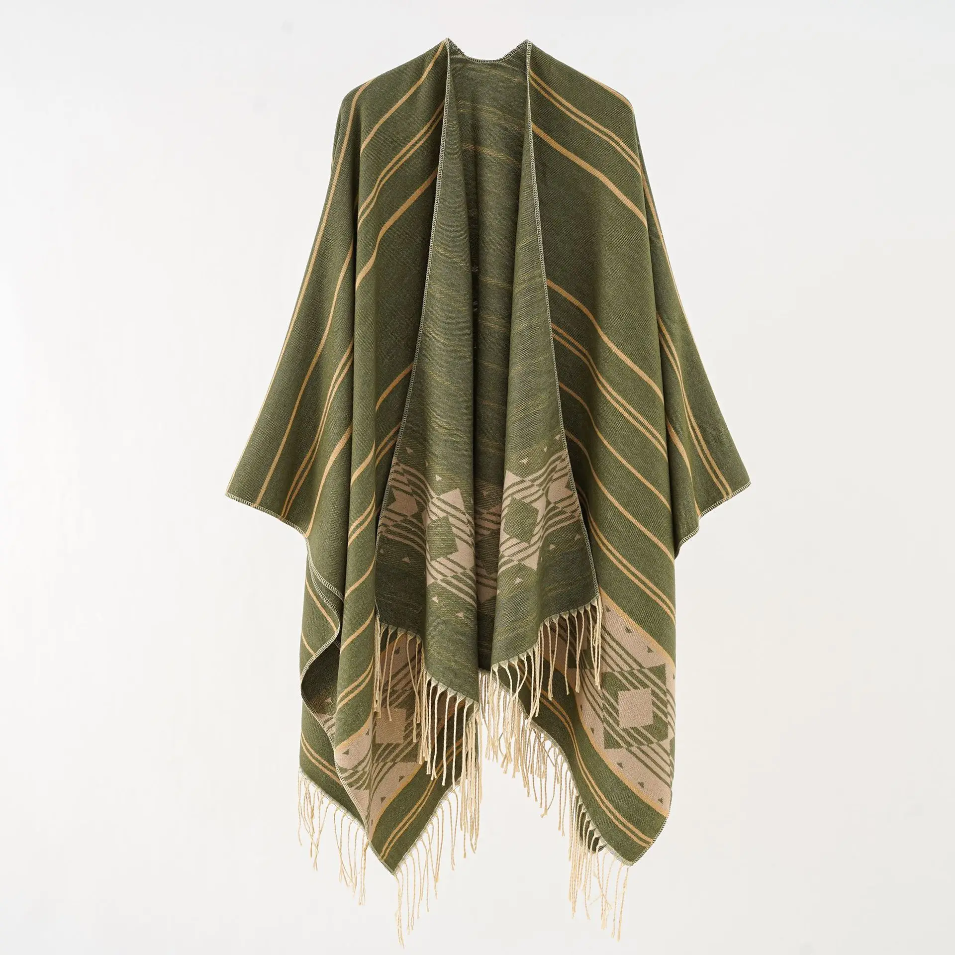 

Autumn and winter new geometric diagonal lengthening hot sale split tassel shawl imitation cashmere cape