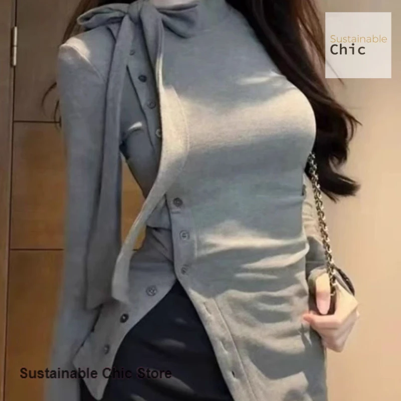 

French lace-up mid-collared bottoming shirt Women's thick velvet long-sleeved T-shirt with irregular design in autumn and winter