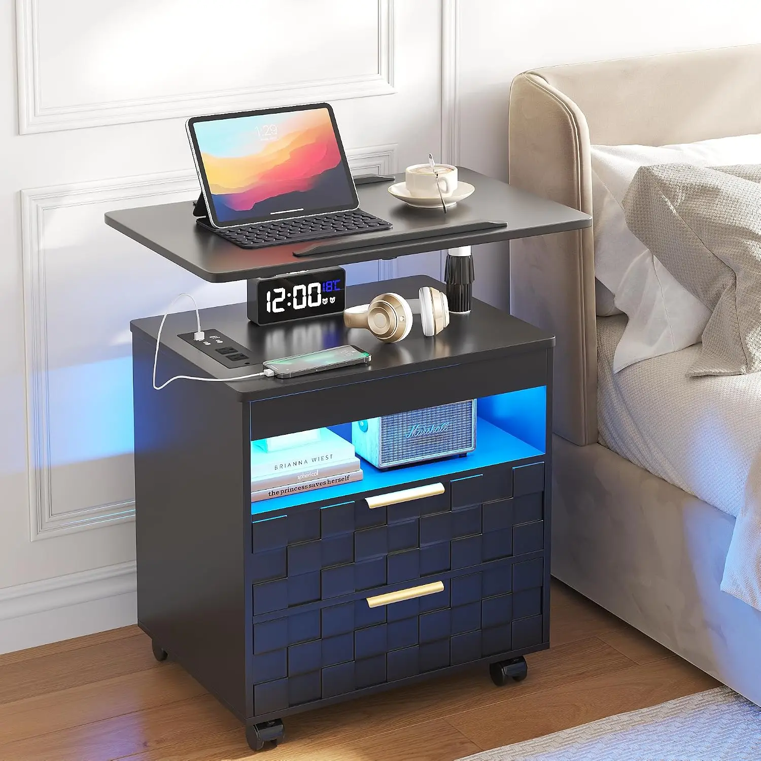 Rolling Nightstand with LED Lights & Charging Station, Bedside Table with Wheels for Bedroom, Customized