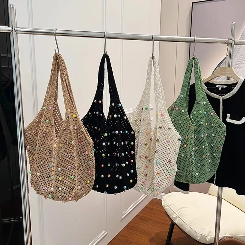 Women Boho Crochet Tote Bag with Colored Beads Large Capacity Knitted Handbag for Daily Use