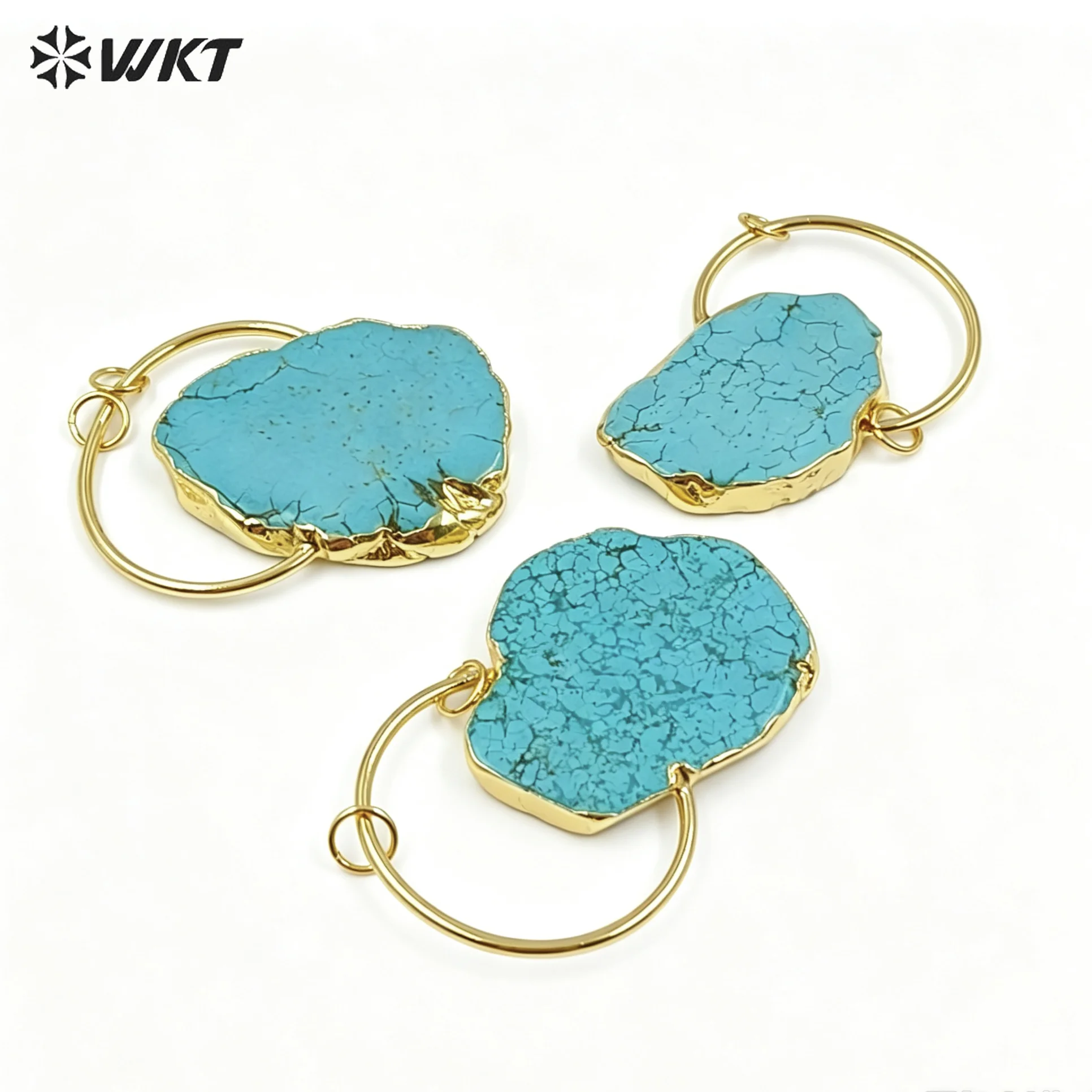 WT-P1372 Vintage Design Sky Blue Natural Stone With Half Circle And Double Tiny Loops Gold Trim Pendant For Jewelry Making