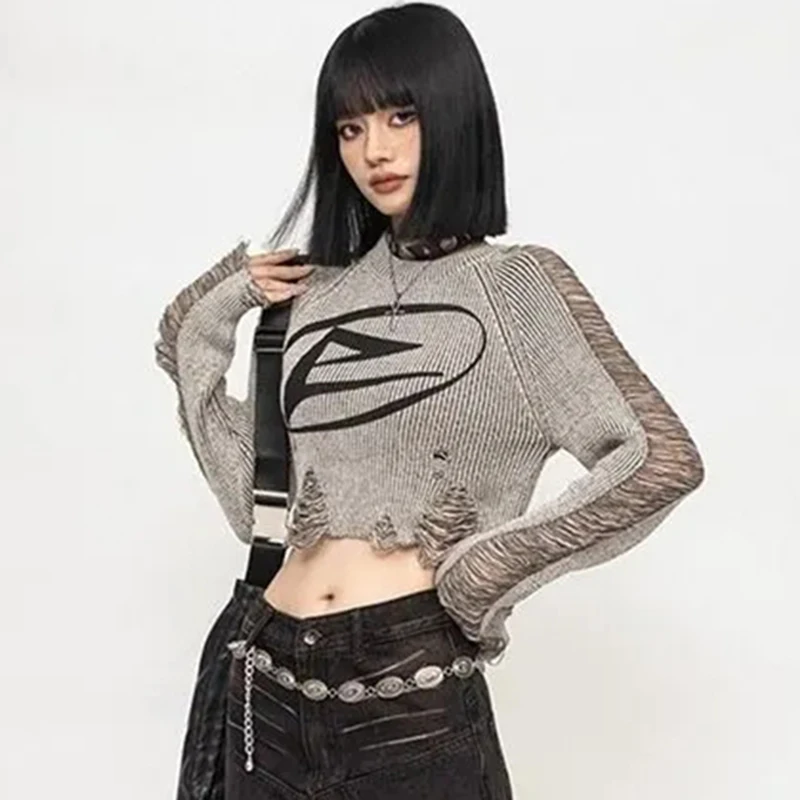 American Vintage Distressed Cropped Pullover Women Long Sleeve Street Knit Top Subculture O Neck Ripped Harajuku Y2K Sweater