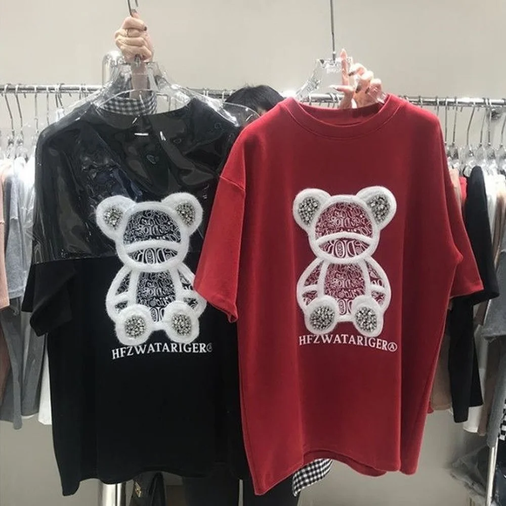 

Cartoon Bear Diamond Thick Sanded Short-sleeved T-shirt Women Loose Half-sleeved Ins Streetwear Women Top