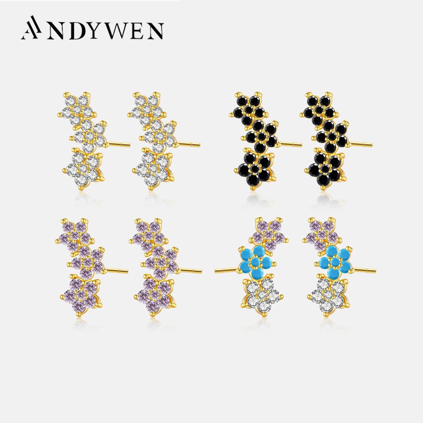 ANDYWEN 925 Sterling Silver Three Flower Stud Earring Piercing Ohrringe Luxury Women Fashion Crystal Luxury Jewelry For Wedding